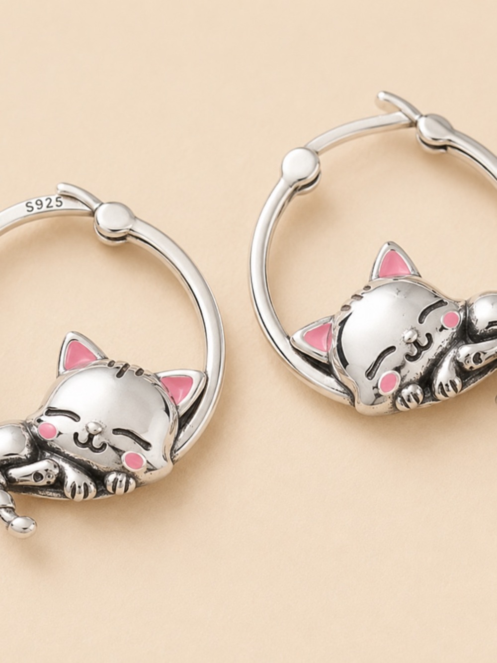 Sterling Silver Cat Hoop Earrings with Pink Accents